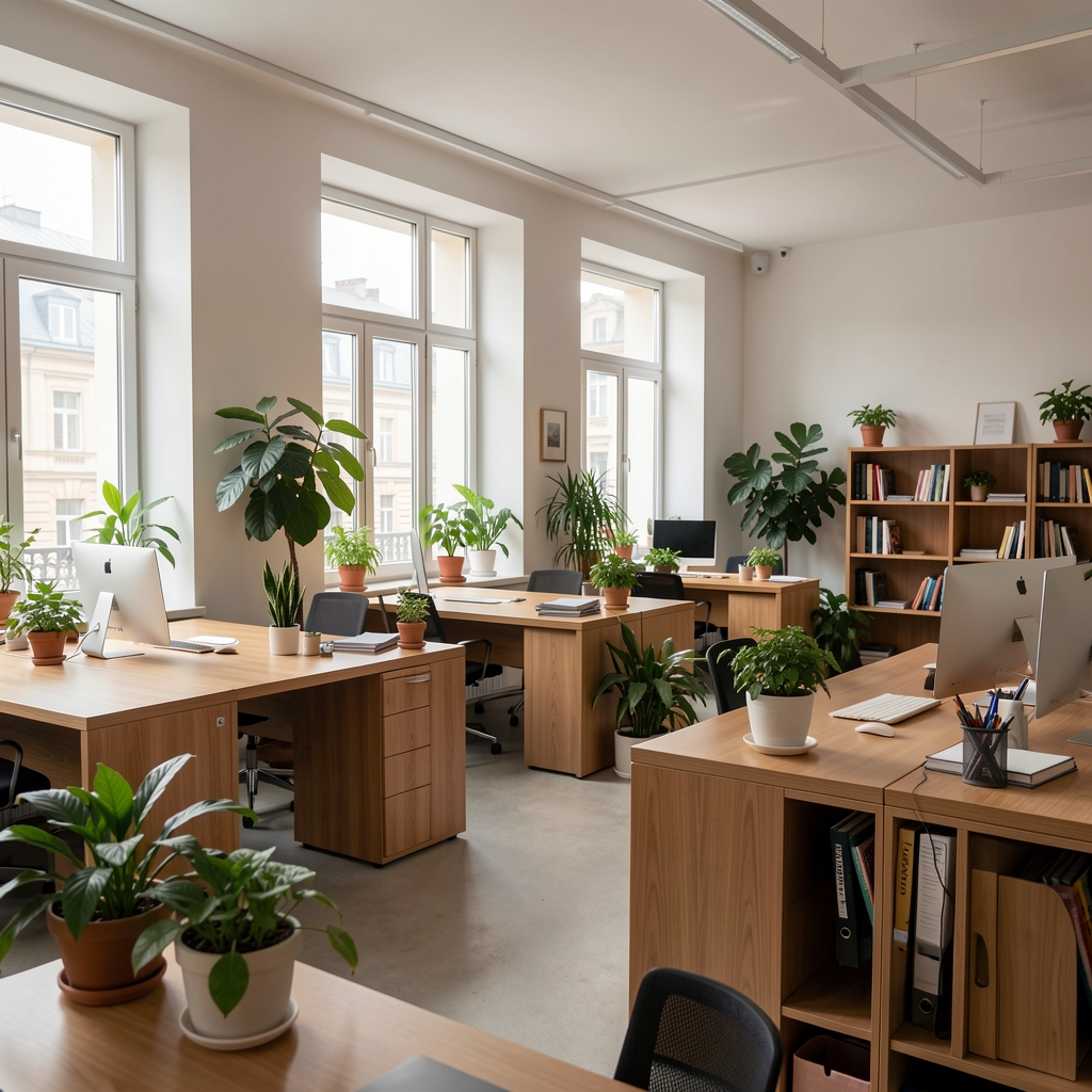 Jasna przestrzeń biurowa w centrum Warszawy z dużymi oknami, drewnianymi biurkami i zielonymi roślinami doniczkowymi, spokojna atmosfera pracy redakcyjnej